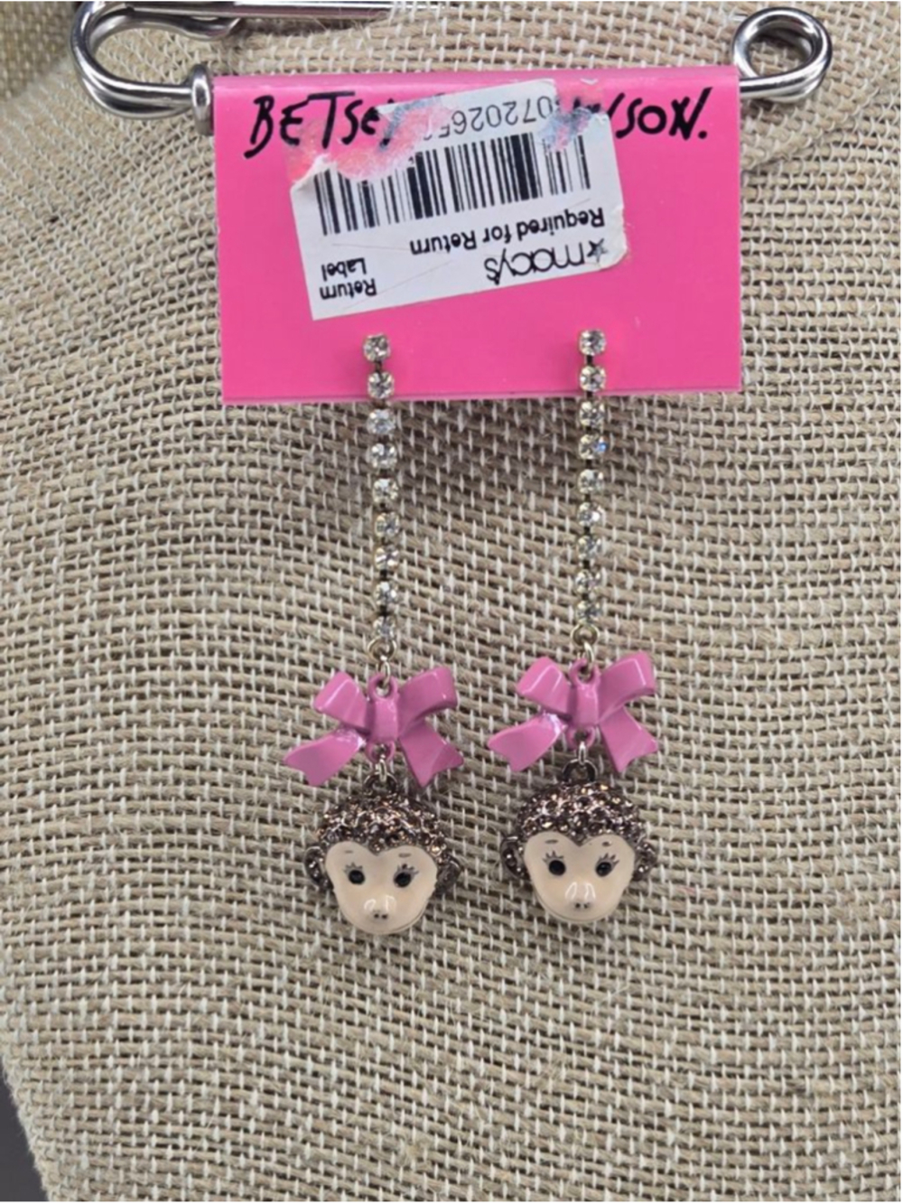 Betsey Johnson NWT Monkey Earrings Vintage Pink Bow Long Rhinestone Dangle